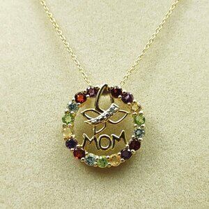 Mom Pendant Necklace Gold Plated Multicolor Gemstones Rhinestones 18 Inch Chain